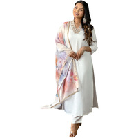 Naixa Womens Offwhite Rayon Blend Embroidered Straight Kurta with Rayon Blend Pant and Organza Printed Dupatta Sets (NX-502-Offwhite-XS)