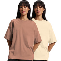 JUNEBERRY Pure Cotton Drop Shoulder Oversized Baggy Fit Half Sleeve Plain Solid Round Neck Multicolor T-Shirt for Women & Girls (Pack of 2) (PO2_OS_JB_SW_CR_L)