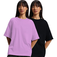 JUNEBERRY Pure Cotton Drop Shoulder Oversized Baggy Fit Half Sleeve Plain Solid Round Neck Multicolor T-Shirt for Women & Girls (Pack of 2) (PO2_OS_JB_LC_BK_XL)