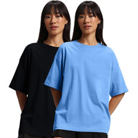 JUNEBERRY Pure Cotton Drop Shoulder Oversized Baggy Fit Half Sleeve Plain Solid Round Neck Multicolor T-Shirt for Women & Girls (Pack of 2) (PO2_OS_JB_AB_BK_XL)