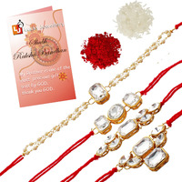 Lucky Jewellery Designer Fancy Traditional Rakhi Gold Plated Red Thread for Bro/Brother/Bhaiya/Bhai/Bhabhi (Pack of 4) Rakshabandan Rakhe White Stone Rakhee Bracelet For Unisex Adult