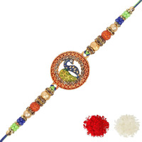 Riddhika Ventures Stylish Peacock Feather and Kundan Rakhi with Roli Chawal and Greeting Card (K7)