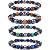 Young & Forever Gift Rakhi Gift For Brother Reiki Infused Handmade Chakra Bracelets For Women Semi Precious Gemstone Tiger Eye Onyx Hematite Weight Loss Healing Crystal Bracelet For Men, Pack Of 4