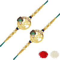 Riddhika Ventures Stunning Gold Plated Designer Brothers Rakhi (Set of2) with Roli Chawal and Greeting Card (P3P3)
