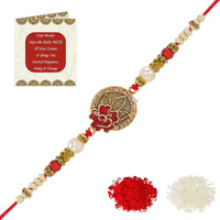 Riddhika Ventures Glorious Gold Plated Om and Diamond Ring Rakhi (Bracelet) with Roli Chawal and Greeting Card (K9)