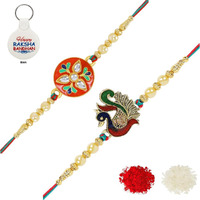 Riddhika Ventures Religious Meenakari Peocock and Stylish Kundan Rakhi (Set of 2) with Roli Chawal, Greeting Card and and One Motivational Keychain (P2P7K)