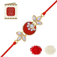 Riddhika Ventures Alluring Gold Plated Floral and Pearl Rakhi (Bracelet) with Roli Chawal & Greeting Card for Men (P8)