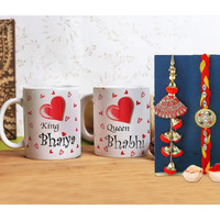 Rakhi With Gift for brother and bhabhi mDesigner Rakhi set of 2, Raksha Bandhan Gift for Bhaiya Bhabhi, Rakhi with Mug Rakhi for Bhabhi with Set of 2 Printed Coffee Mug (Kundan - Lumba Rakhi Set)