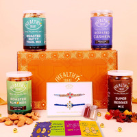 Healthy Treat Delight Rakhi Gift Hamper | Roasted Dry-Fruits Gift Pack | A pair of Rakhi, Roli Chawal, Rakhi Cards | Rakhi gifts for Brother and Sister | The Ultimate Assorted Rakhi Gift Hamper | Raksha Bandhan Gift Hamper