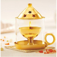 True Decor 6 Inches Brass Akhand Diya Medium Size Akhand Jyot Diya with Borosilicate Glass Cover Brass Diya for Puja with Handle