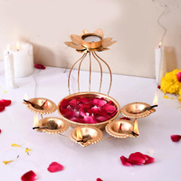 CraftVatika Metal Lotus Tealight Candle Holder for Diwali Decoration Items with Base of Urli Bowl and Diya - Gold (Height 26 CM), Diwali Gift Items