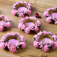 HomeSquare Tealight Holder Diwali Diya with Artificial Flowers - Set of 6 (Pink)