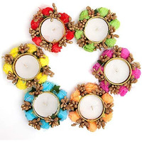 HomeSquare Metal Tealight Holder Diya with Artificial Flowers - Set of 6