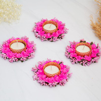 HomeSquare Tealight Holder Diwali Diya with Artificial Flowers and Tea Lights - Set of 4 (Pink)