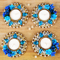 HomeSquare Blue Crystals Tealight Holder Diwali Diya with Artificial Stones - Set of 4 Floating Diya