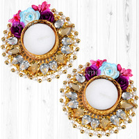 HomeSquare Tealight Holder Diwali Diya with Artificial Flowers & Tea Lights (Sky Blue Crystal Set of 2)