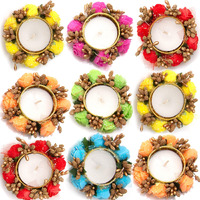 HomeSquare Alloy Tealight Holder Diya with Artificial Flowers - Set of 10 ,Alloy