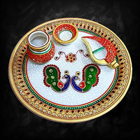 Handicraft Kingdom Aarti Thali for Pooja | Exquisite Marble Puja Plate with Attached Diya, Sindur Dani & Lota- Traditional Rajasthani Kundan Studded, Hand Painted Set (9 Inch, Multicolour)