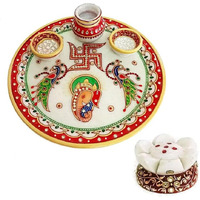 Handicraft Kingdom Marble Puja Thali for Laddu Gopal Pooja Room Decoration with 2 Diya,1 Lota & 1 Agarbatti Stand | Rajasthani Hand Painted Multicolour Home Decor Items Size 9 Wt 700-800Gm
