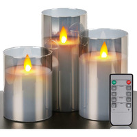 LTETTES Real Wax LED Glass Pillar Flameless Candles | Faux Dancing Wick | Tinted Grey Glass | Battery Powered with Multifunctional Remote Controller for Home Decor | Set of 3 (H-4,5,6 x D-3)
