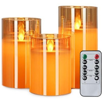 LTETTES Real Wax LED Glass Pillar Flameless Candles | Faux Dancing Wick | Amber Gold Glass | Battery Powered with Multifunctional Remote Controller for Home Decor | Set of 3 (H-4,5,6 x D-3)