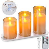 LTETTES Rechargeable LED Glass Pillar Flameless Candles | Made from Real Wax | Tinted Amber Glass | wth Remote Controller, USB Type C Wireless Charding Pad for Home Decor Set of 3 (H-4,5,6 x D-3)