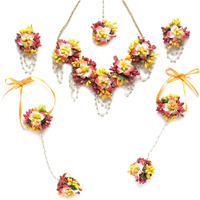 ZENEME White Pearl Beaded Gota Patti Floral Beaded Haldi & Mehendi Necklace With Earrings, Maang Tikka & Bracelet Jewellery Set For Girls and Women (Multicolour)