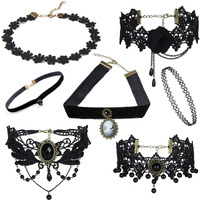 Shining Diva Fashion Jewellery Girls/Womens Black Fabric Lace Chokers Stylish Necklace Combo Set of 7 Pieces (cmb271)