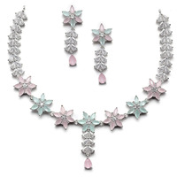 ZENEME Rhodium-Plated Silver Toned Star Shaped American Diamond Studded Necklace Earrings Jewellery Set for Girls and Women (Lime Green & Pink_Design_01)