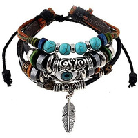 University Trendz Adjustable Silver Feather Evil Eye Charms Leather Bracelet for Men & Womens (Multi-Color)
