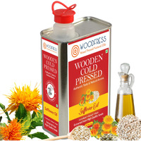 WOODFRESS Cold Pressed Safflower Oil 1 Litre, Freshly Hulled, 5kg Seeds for 1L Pure Woodpress Oil, Wood Pressed Kardai/Kardi Tel (Lakdi Ghani/Marachekku) for Healthy Cooking, Metal Tin 1L