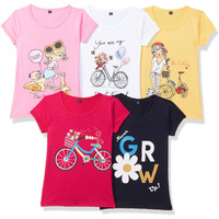 T2F Girl's Plain Regular Fit T-Shirt (GLS-TSRT-03_Multicolor 3 5-6 Years)