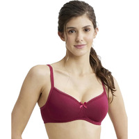 Jockey 1723 Women's Wirefree Padded Super Combed Cotton Elastane Stretch Medium Coverage Lace Styling T-Shirt Bra with Adjustable Straps_Beet Red_34B
