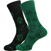 BALENZIA X Rick and Morty Quirky Cotton Crew/Mid- Calf Length socks for Men- Made with fine Cotton, Nylon and Elastane- Pack of 2 (Green, Black) (Free Size)