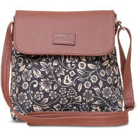 ZOUK FloMotif Floral Printed Women's Hand Crafted Vegan Leather Black Flap Sling Bag