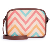 ZOUK Women's Handmade Vegan Leather and Indian Fabric Jute Wave Beach Print Sling Bag with Adjustable Shoulder Strap (WavBeach)