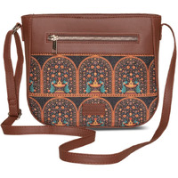 Zouk Women's Handcrafted Black Royal Indian Motif Printed U Shaped Sling Bag