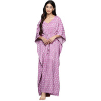 Libas Women's Lavender Printed Cotton Kaftan Standard Length Night Dress