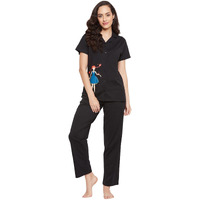 Clovia Night Suits for Women, Night Dresses for Women, Pyjama Set for Women, Cotton Night Suit for Women, Night Wear for Women, Lounge Wear Set for Women - Printed Shirt & Pyjama (LS0025D13_Black_M)