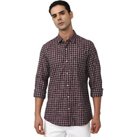 Peter England Men's Slim Fit Full Sleeve Checkered Casual Shirt | 100% Cotton | Premium Twill Weave Chocolate
