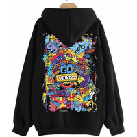 Veirdo Cotton Fleece Oversize Loose Fit Hooded Sweatshirt Full Sleeves Cool & Stylish Doodle Graphic Printed Jumper Sweatshirt Winter Wear for Women & Girls Black