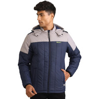 Boldfit Men's Quilted Polyester Standard Length Jacket Monsoon Winter Wear Hooded Winter Padded Bomber Full Sleeve Jacket Blue Grey XL