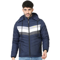 Boldfit Men's Quilted Polyester Standard Length Jacket Monsoon Winter Wear Hooded Winter Padded Bomber Full Sleeve Jacket Blue White Large