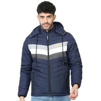 Boldfit Men's Quilted Polyester Standard Length Jacket Monsoon Winter Wear Hooded Winter Padded Bomber Full Sleeve Jacket Blue White 2XL