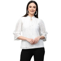 Style Quotient Women White Self Design Lace Regular Smart Casual Tops
