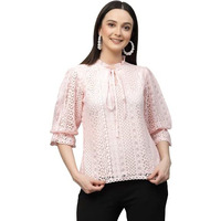 Style Quotient Women Peach Self Design Lace Regular Smart Casual Tops