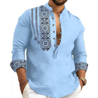 DEELMO Men's Cotton Blend Mandarin Collar Regular Fit Full Sleeve Casual Short Kurta, Light Blue, L