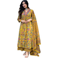 GoSriKi Women's Rayon Blend Anarkali Printed Kurta with Pant & Dupatta & Dupatta (CIA Yellow-GS_M_Yellow_Medium)