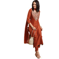 GoSriKi Women's Rayon Blend Straight Embroidered Kurta with Pant & Dupatta (GALPATIYO Mustard-GS_M_Mustard_Medium)