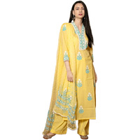 GoSriKi Women's Cotton Blend Straight Hand Block Printed Kurta with Pant & Dupatta (Belagavi Mustard-GS_L_Mustard_Large)
